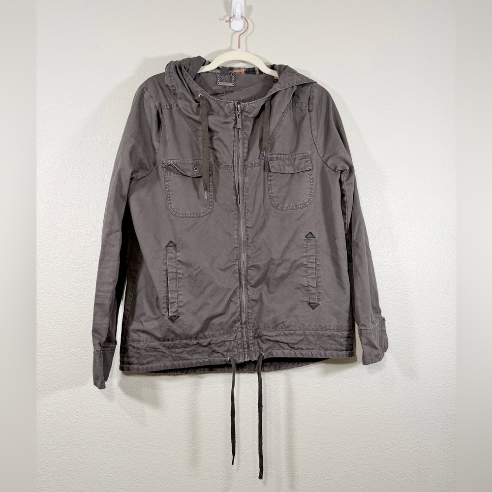 Jou Jou Jacket Coat Utility Drawstring Zip Up Hoodie Flannel Lining Gray Women L